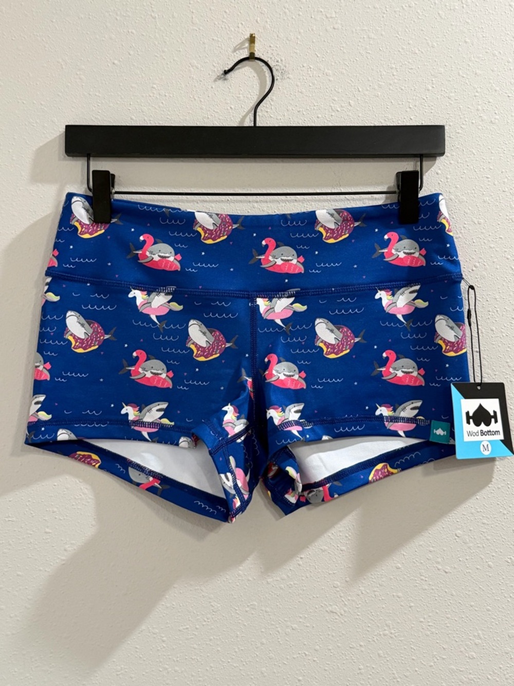 WodBottom NWT Medium Sharks In Floaties Athletic Shorts Performance Activewear